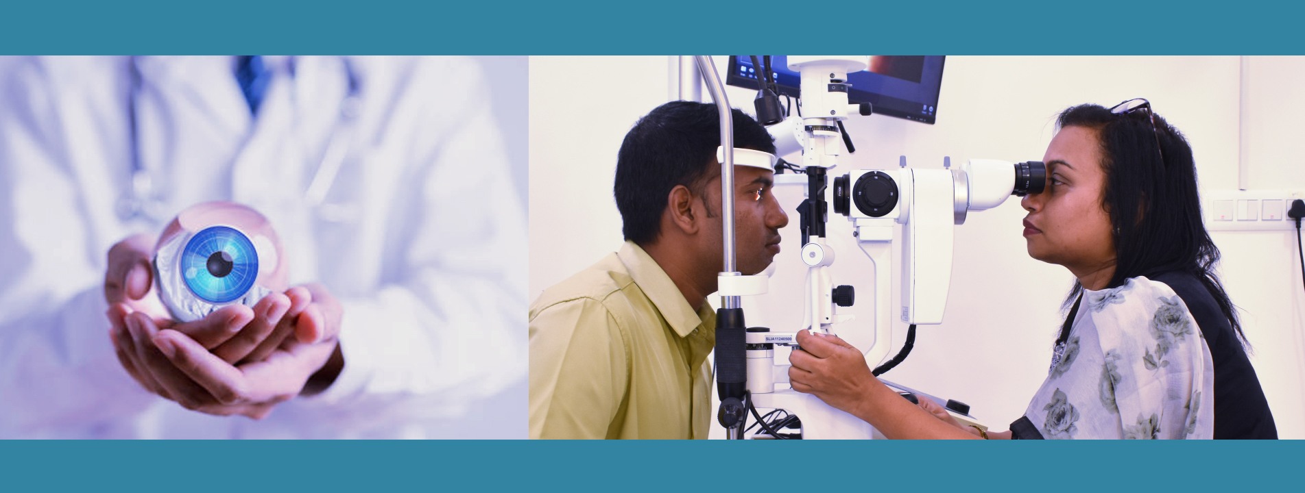 Doctor examining a patient’s eyes under slit lamp microscope at Samyak Drishti Eye Hospital, Subramanyapura, South Bangalore
