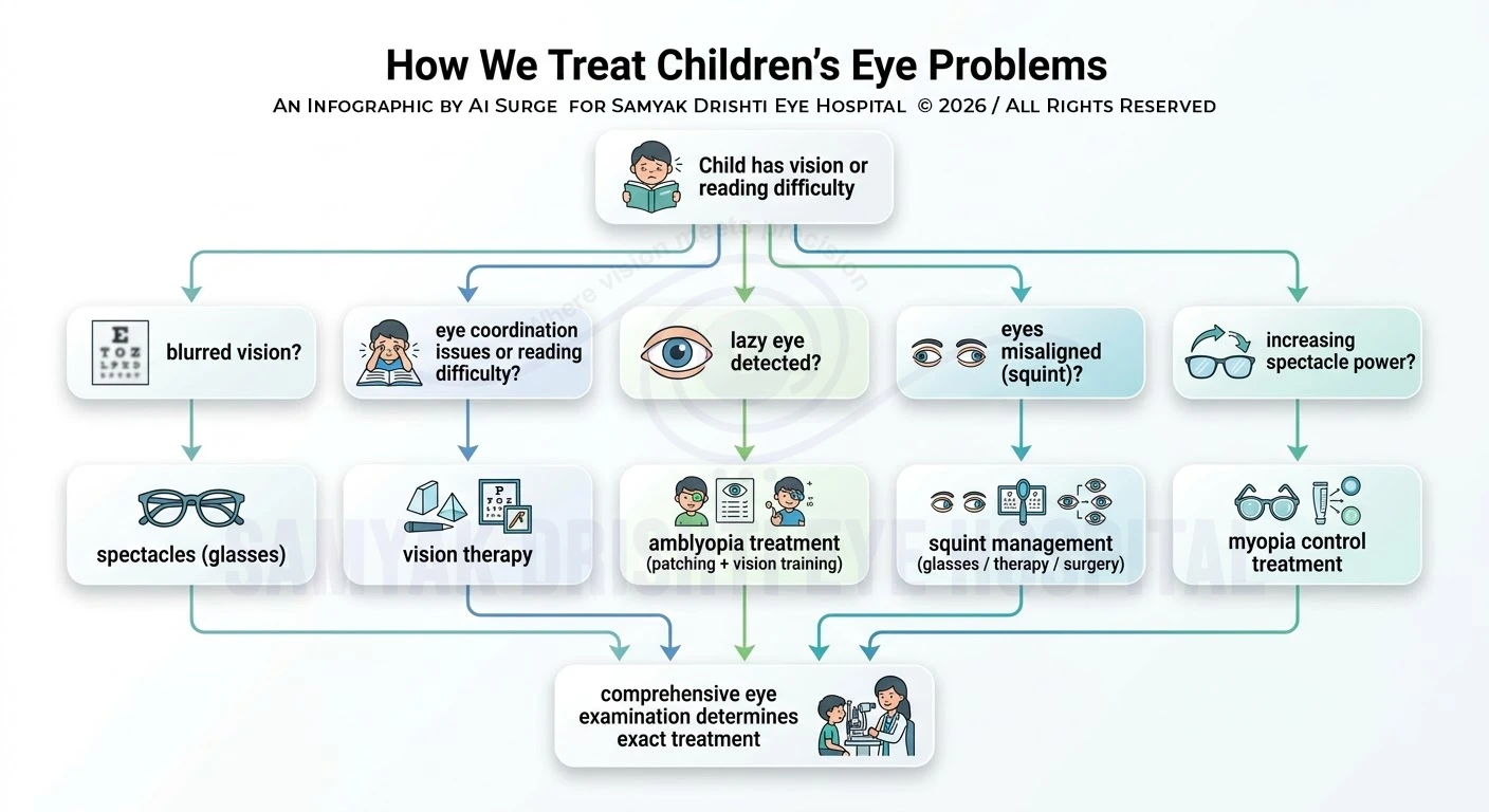 flowchart showing how children's eye problems are treated based on symptoms