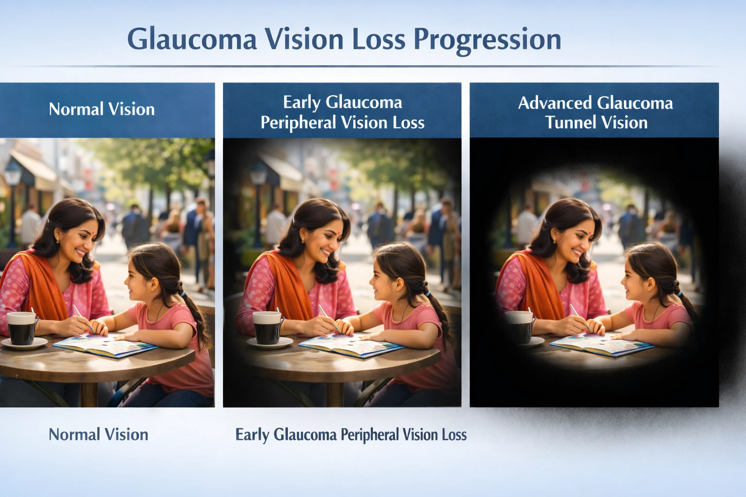 infographic showing glaucoma causing peripheral vision loss leading to tunnel vision