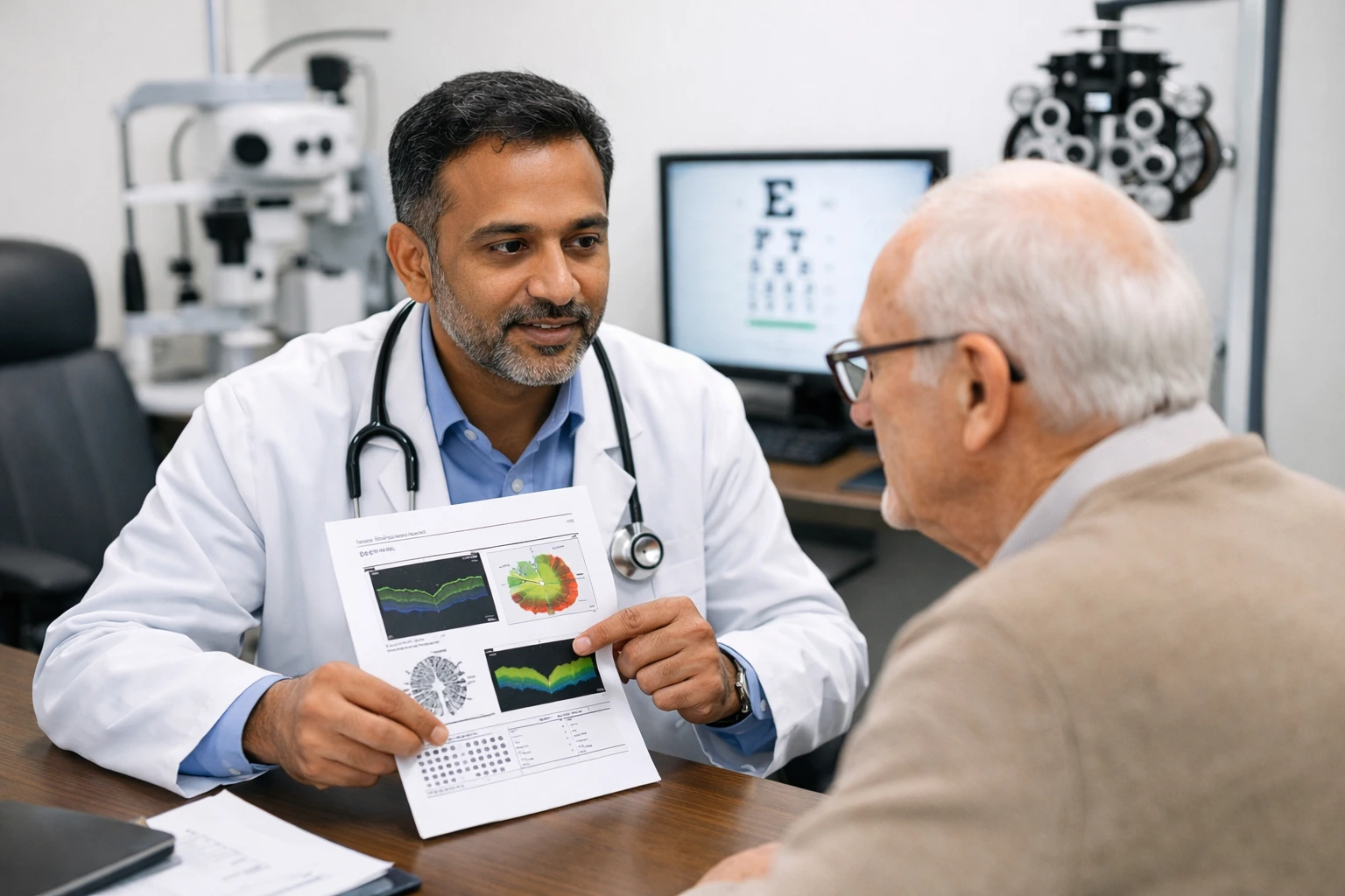 doctor explaining importance of regular eye examinations to patient