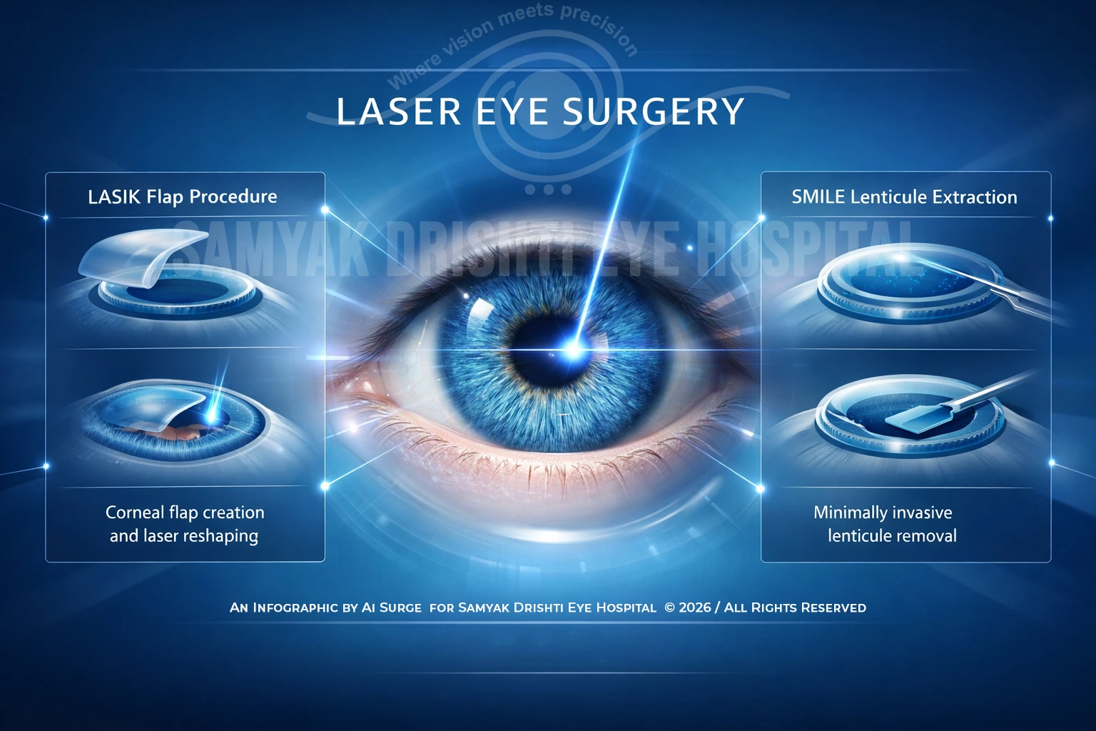 laser eye surgery infographic showing LASIK and SMILE vision correction procedures