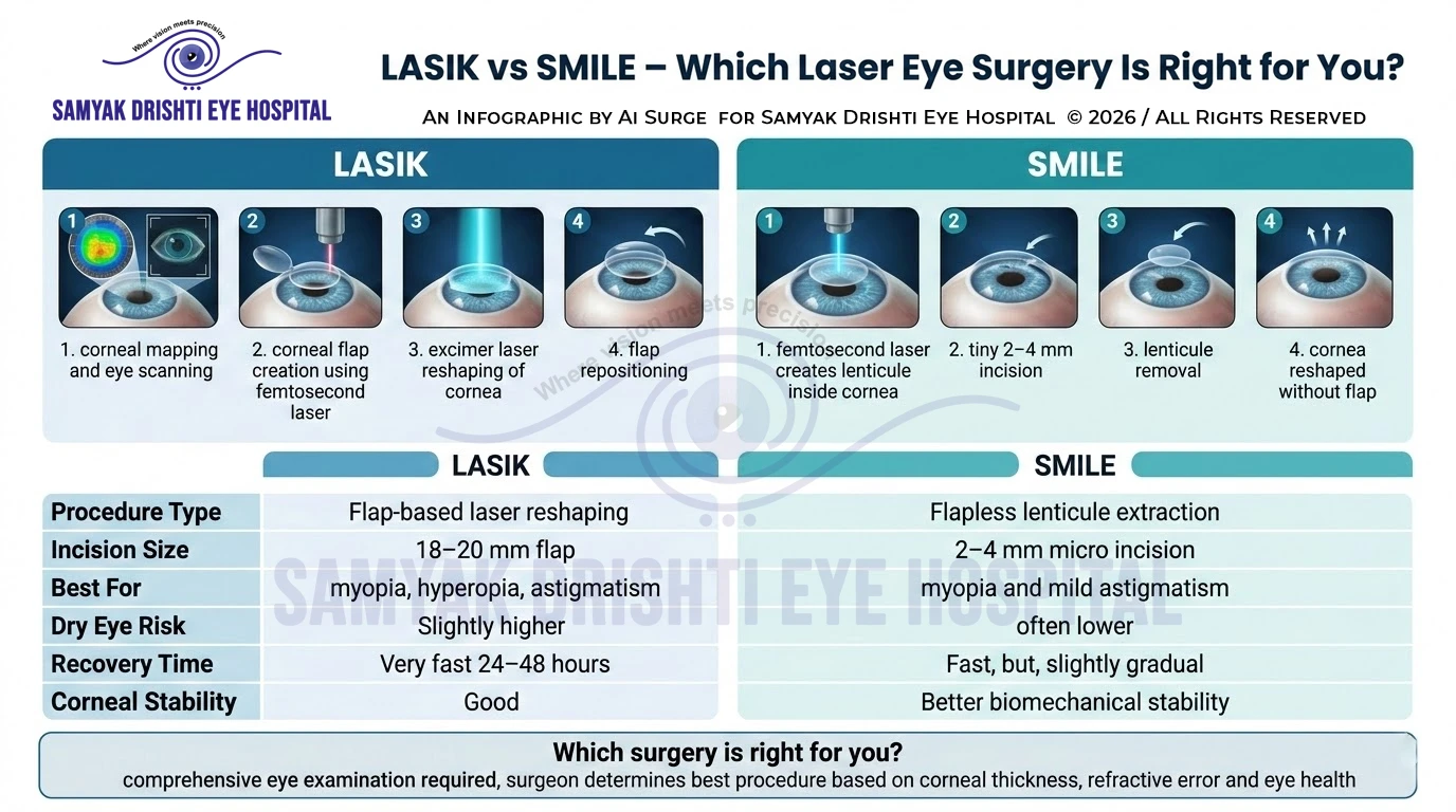 comparison infographic showing differences between LASIK and SMILE eye surgery