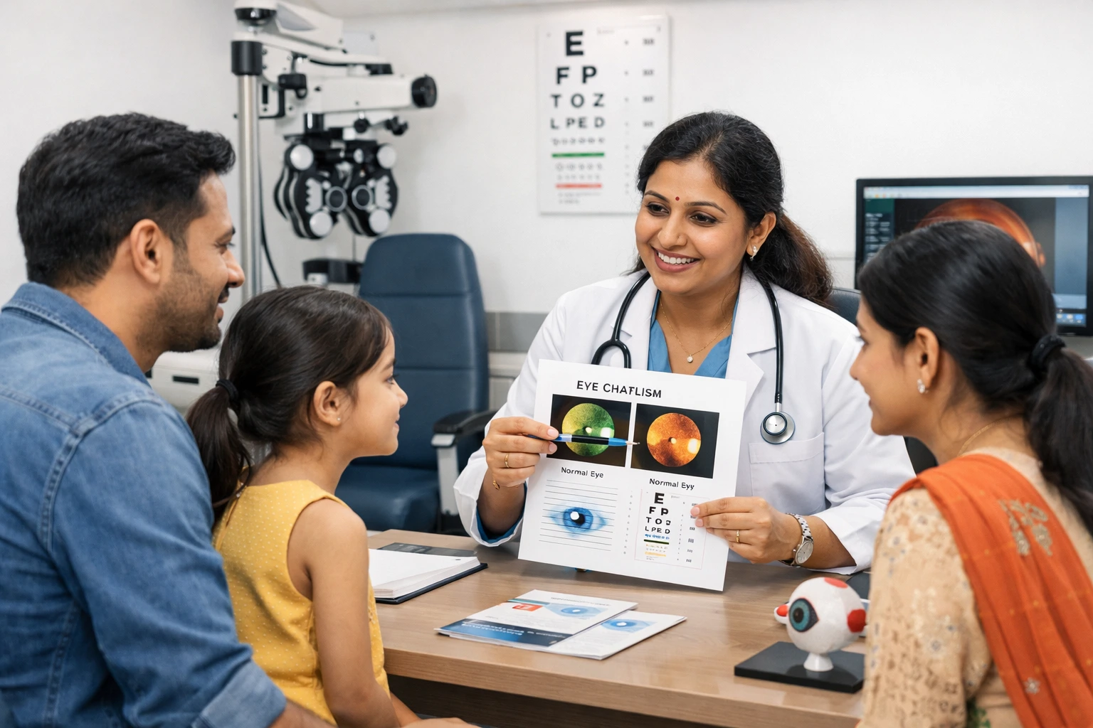 doctor explaining myopia control treatment plan to parents and child