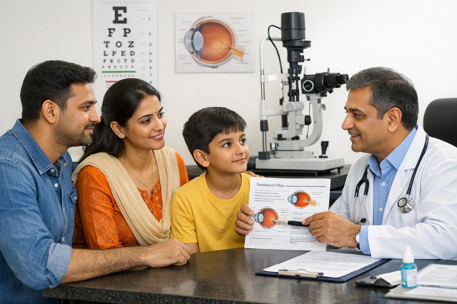 parents discussing myopia treatment options with ophthalmologist