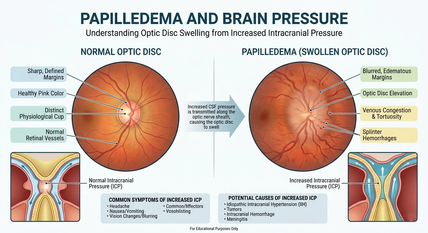 optic disc swelling in papilledema compared to normal