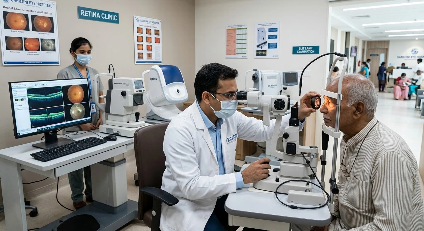 retina specialist examining patient in advanced eye clinic