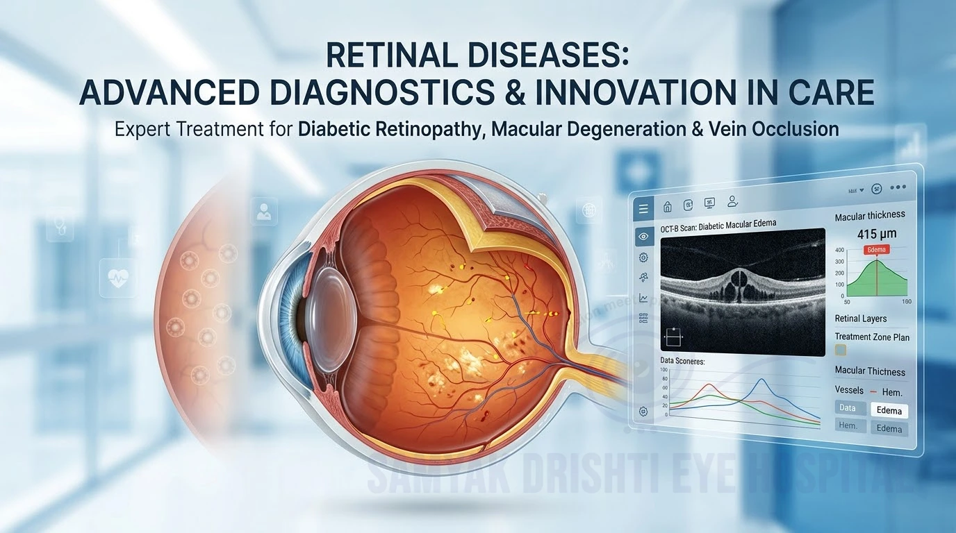 medical illustration showing retina damage due to diabetic retinopathy and advanced treatment
