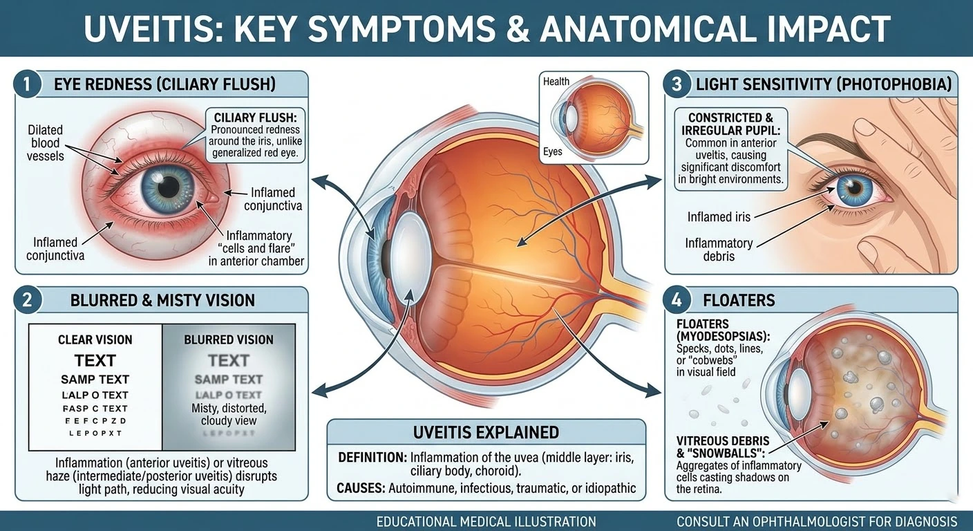 visual showing symptoms of uveitis including redness blurred vision and light sensitivity