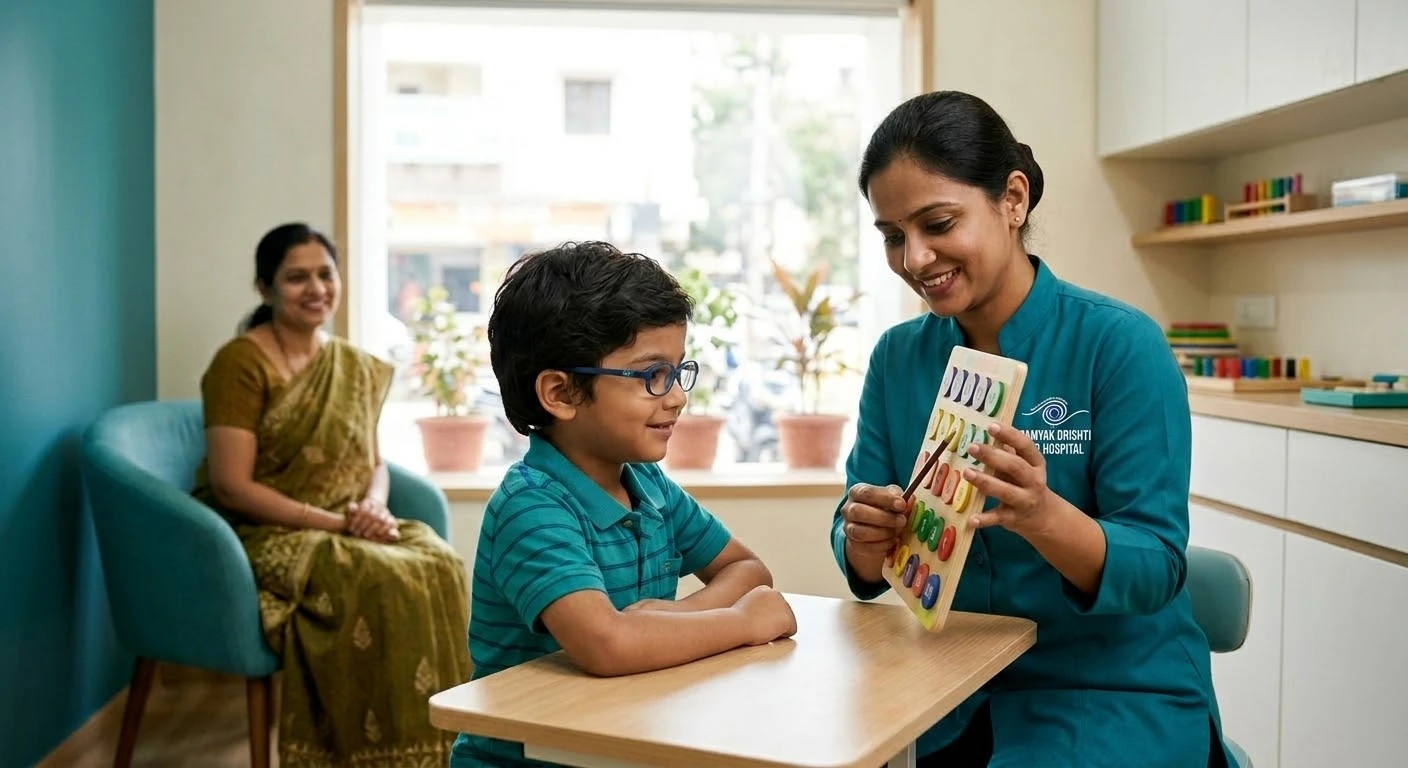 child undergoing vision therapy eye exercises with optometrist