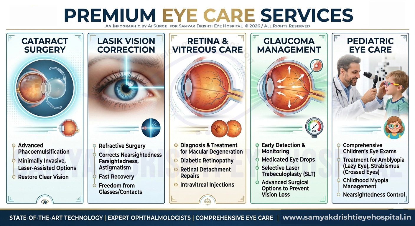 infographic showing cataract lasik retina glaucoma pediatric eye services